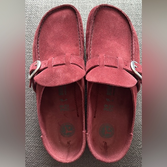 Birkenstock Shoes - Birkenstock Women’s Suede Buckley Clogs in Burgundy with Silver Buckle Accent